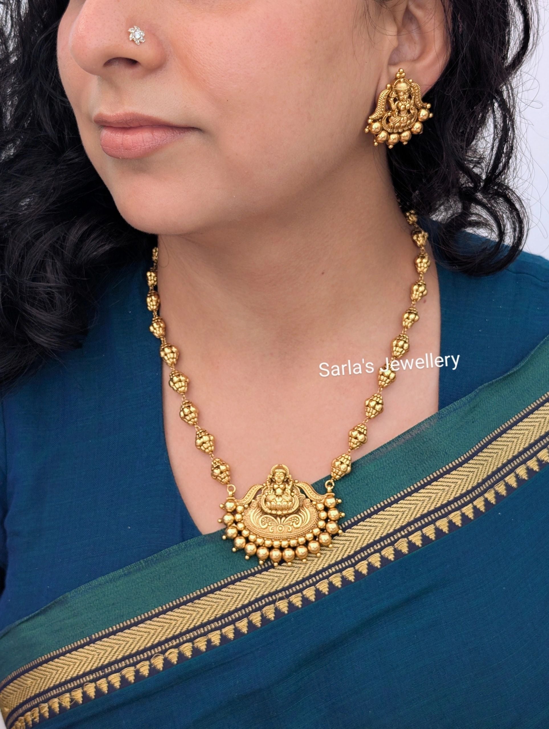 Temple Jewellery Goddess Lakshmi Long necklace with earrings