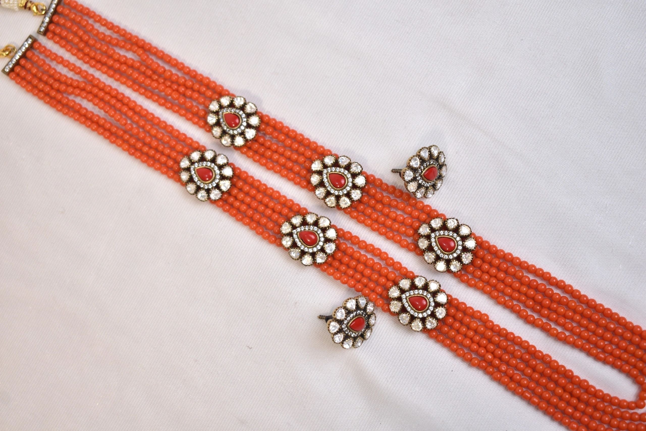 Coral and Victorian style long Layered necklace