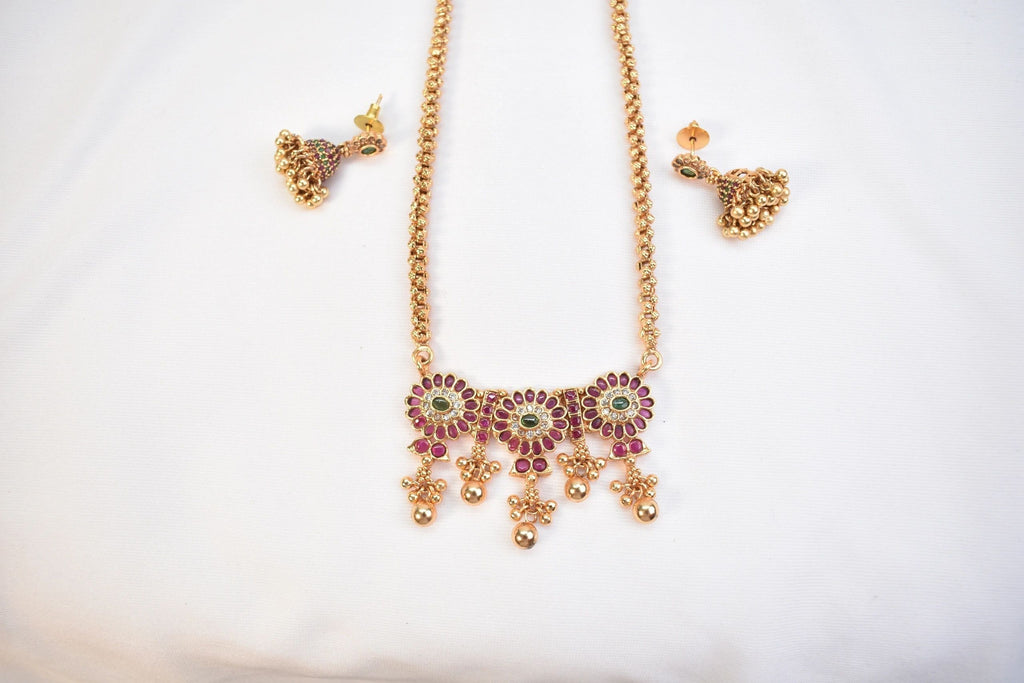 Long Gold Plated Ruby/Green necklace with earrings