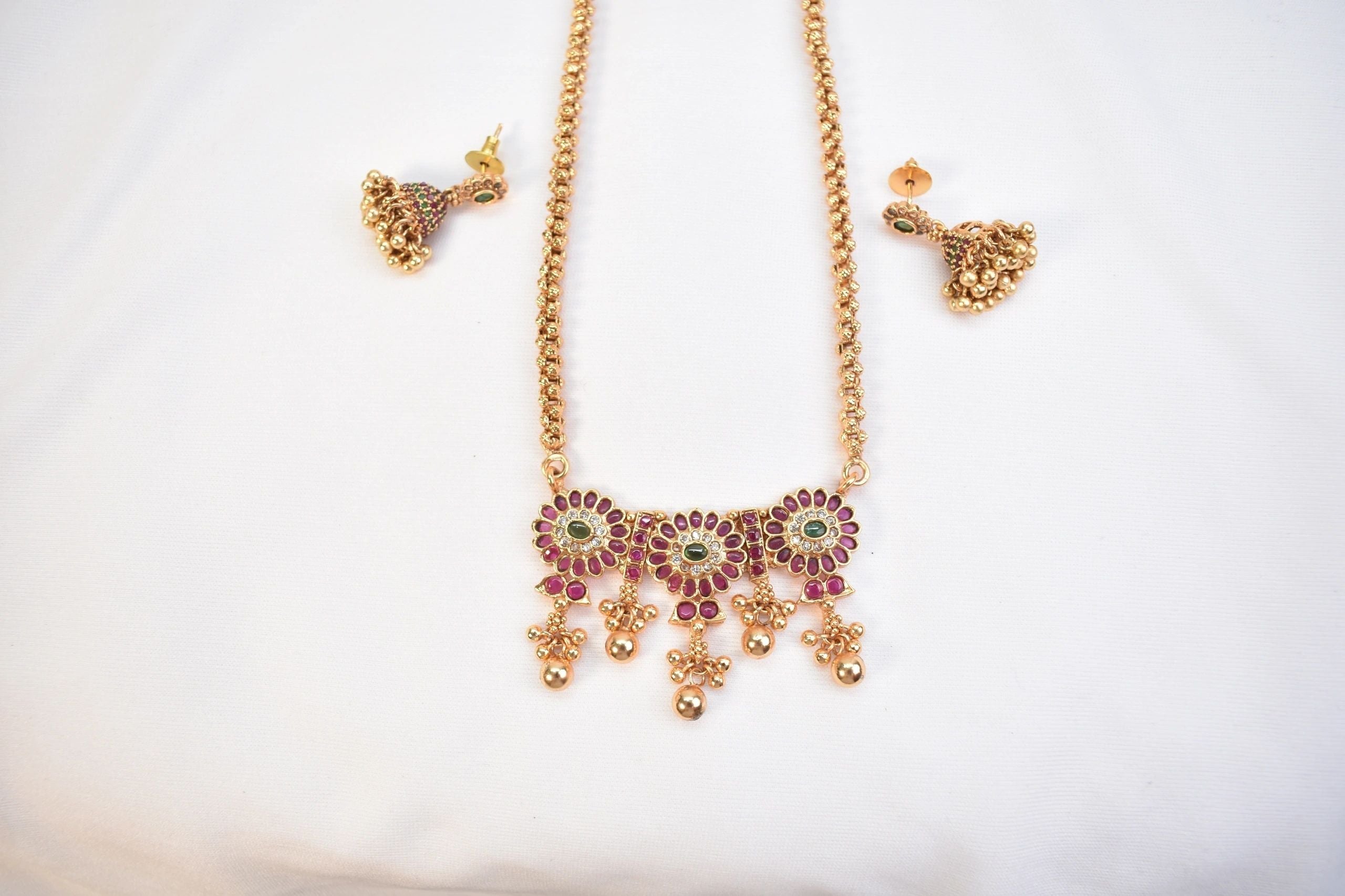 Long Gold Plated Ruby/Green necklace with earrings