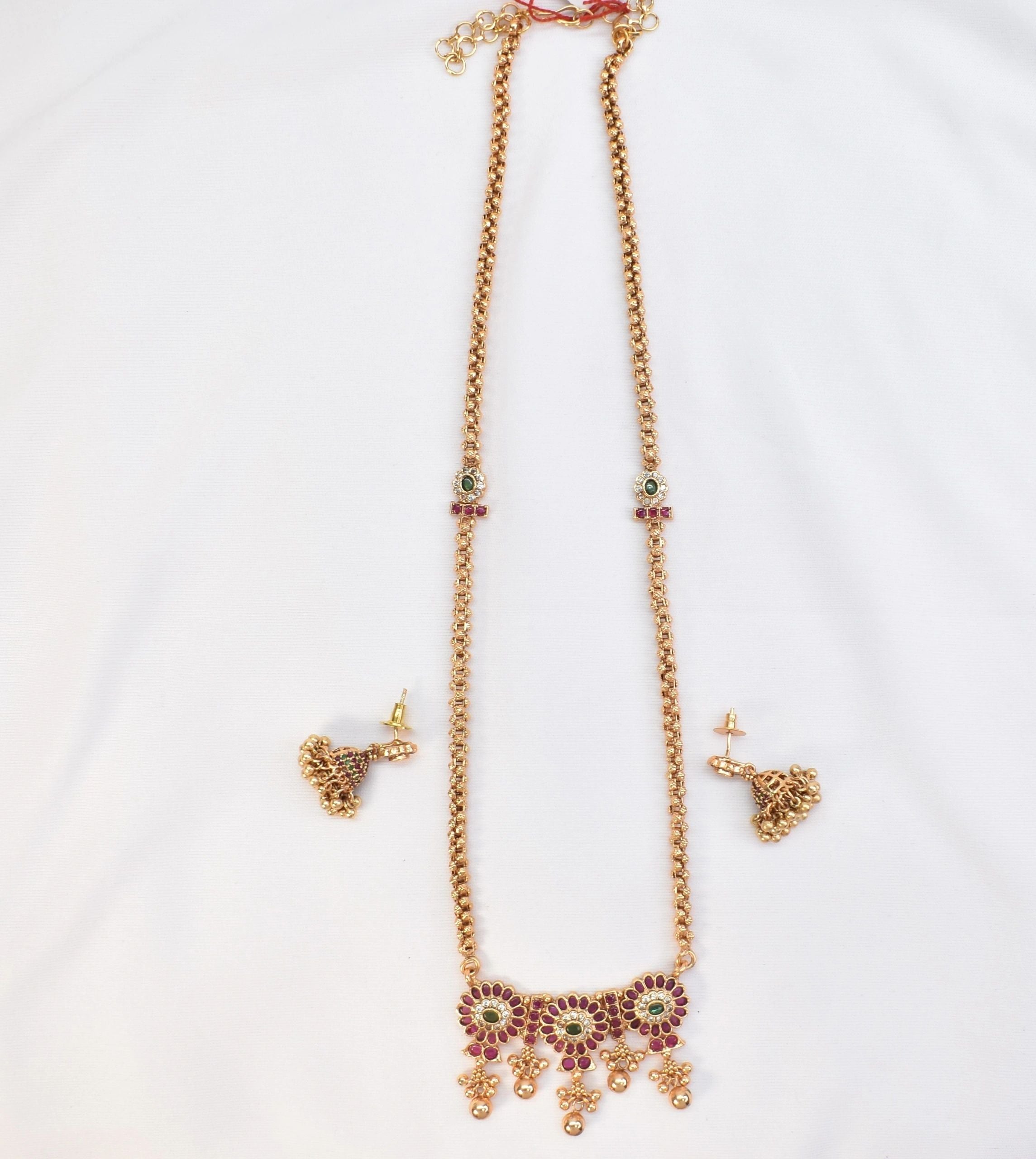 Long Gold Plated Ruby/Green necklace with earrings