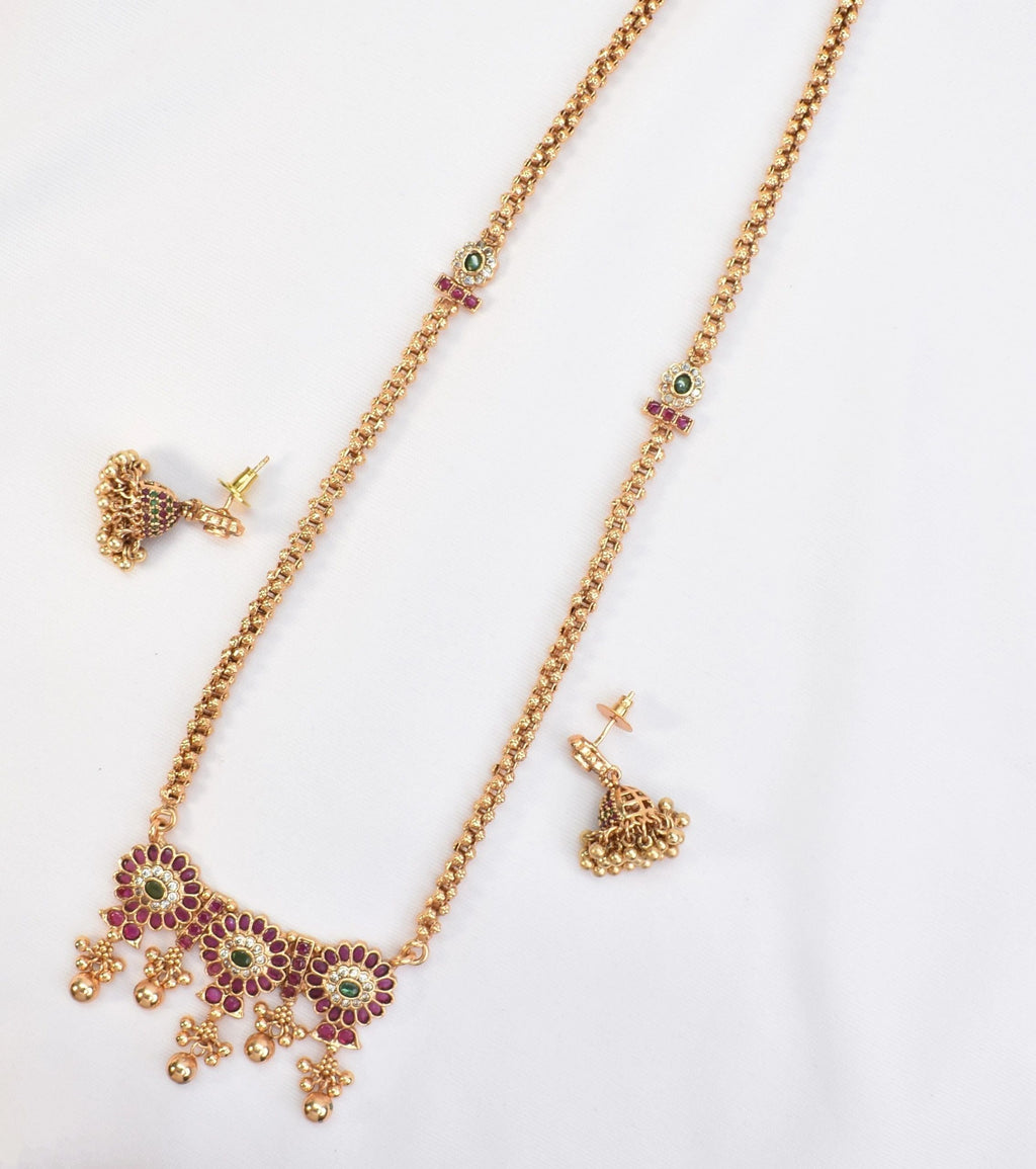 Long Gold Plated Ruby/Green necklace with earrings