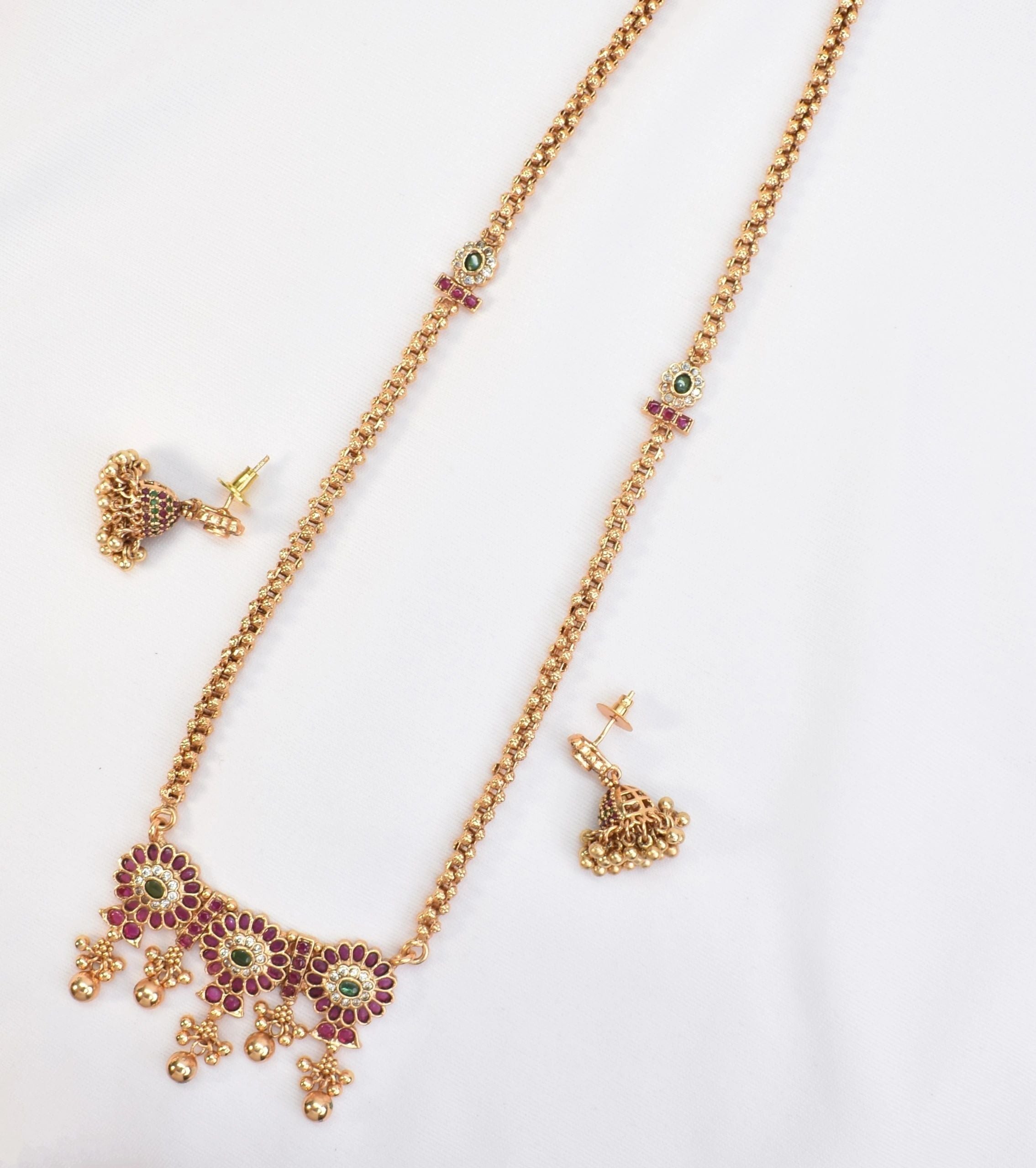 Long Gold Plated Ruby/Green necklace with earrings