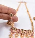 Long Gold Plated Ruby/Green necklace with earrings