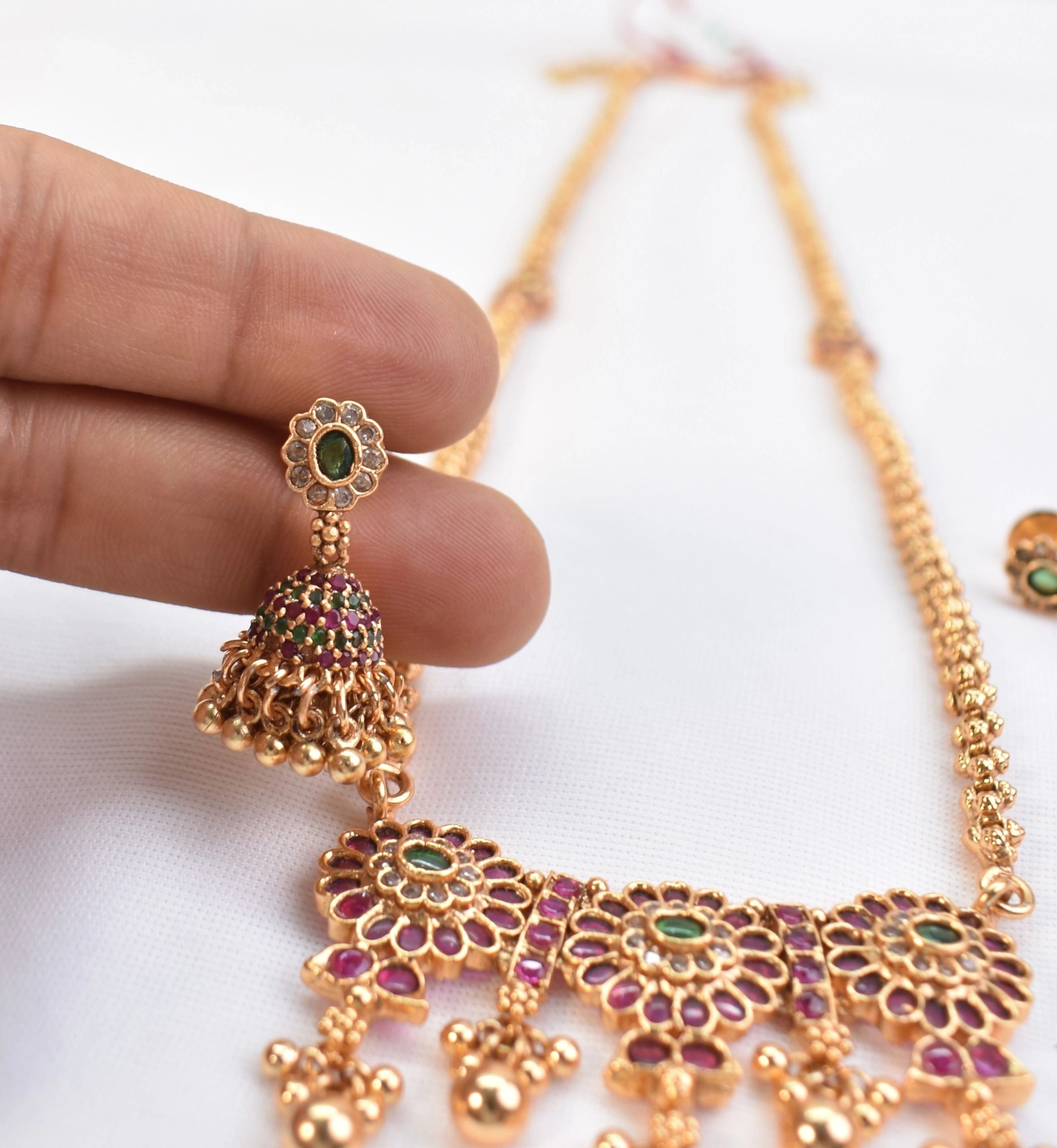Long Gold Plated Ruby/Green necklace with earrings