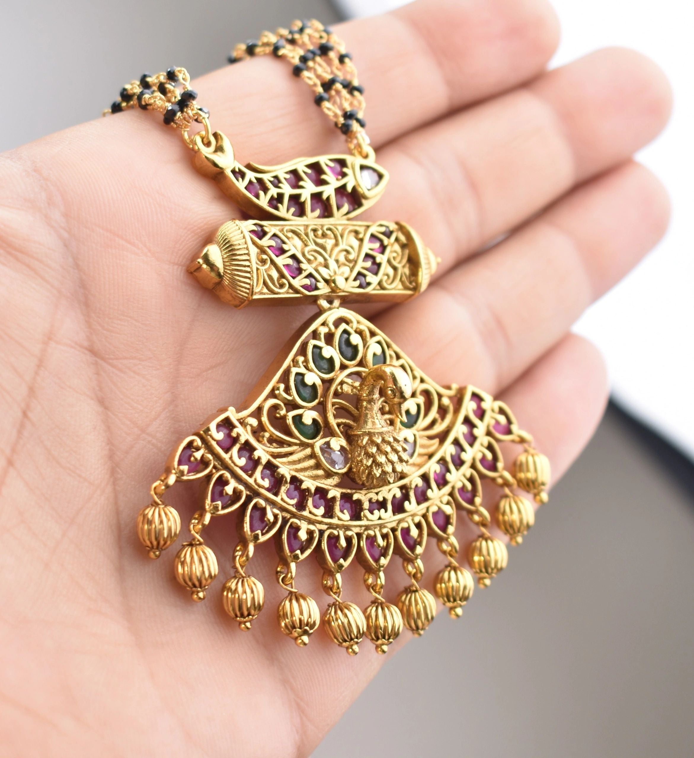 Gold plated Peacock set with multilayer crystal bead mala