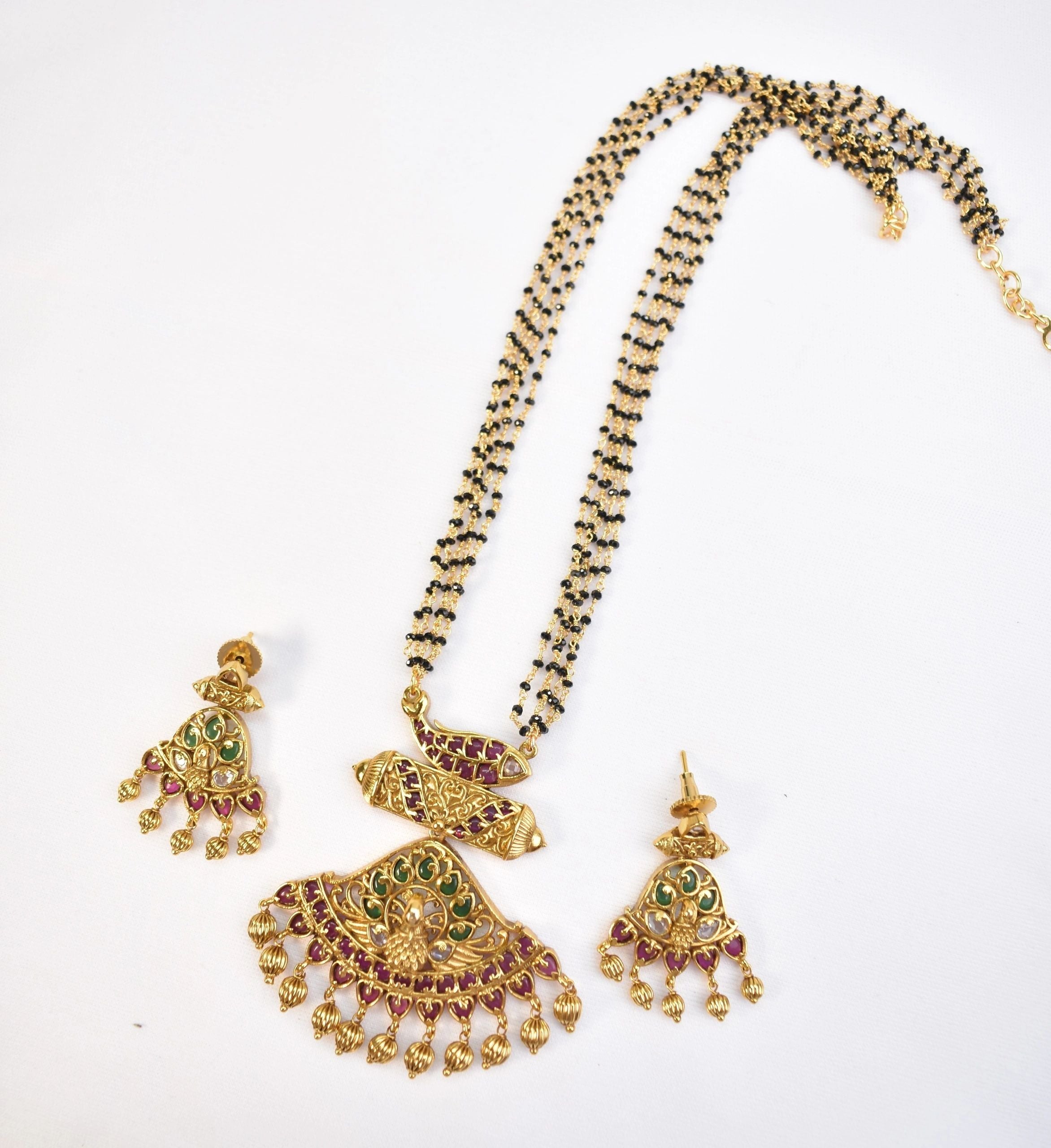 Gold plated Peacock set with multilayer crystal bead mala