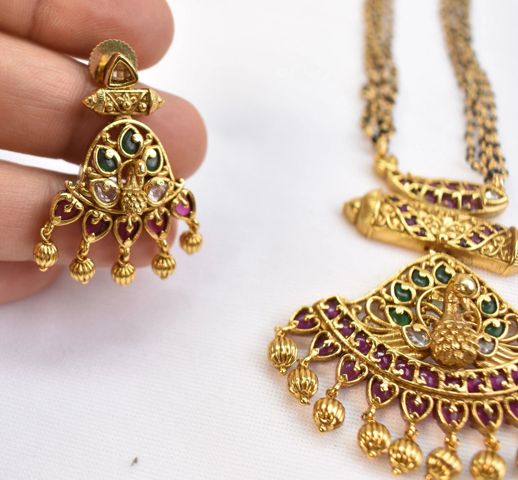 Gold plated Peacock set with multilayer crystal bead mala