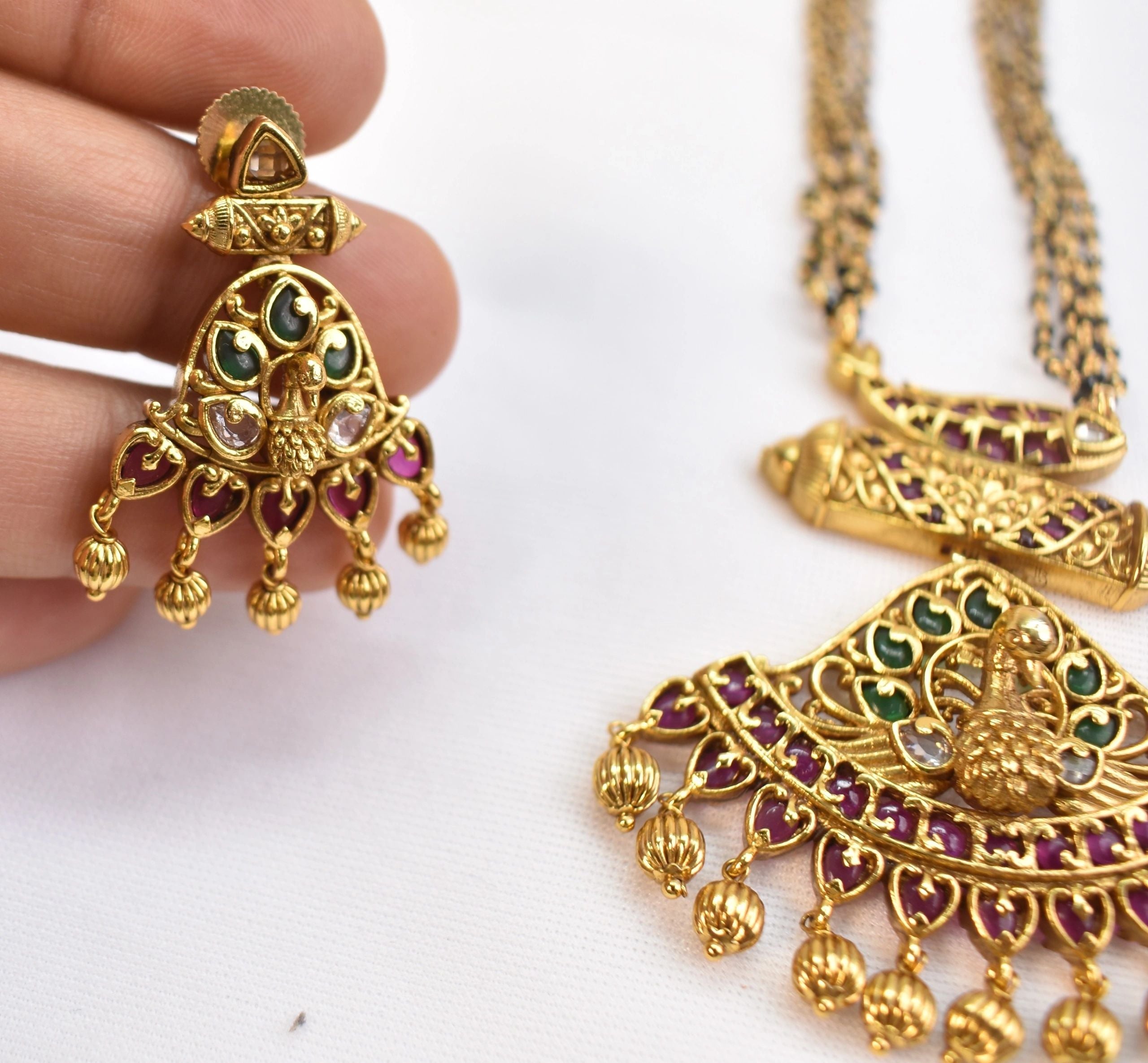 Gold plated Peacock set with multilayer crystal bead mala