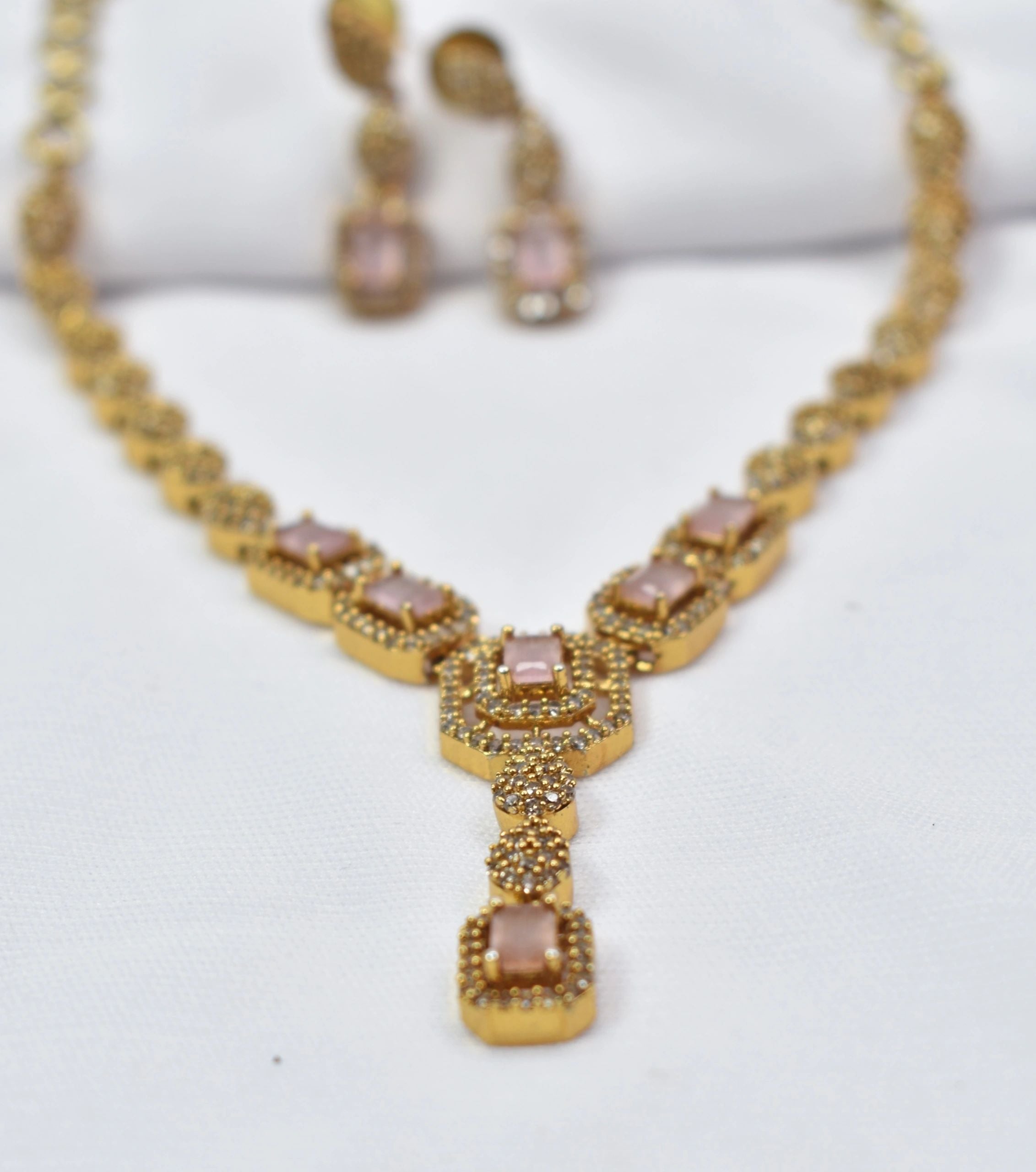 Pink Zirconia AD stones necklace with earrings