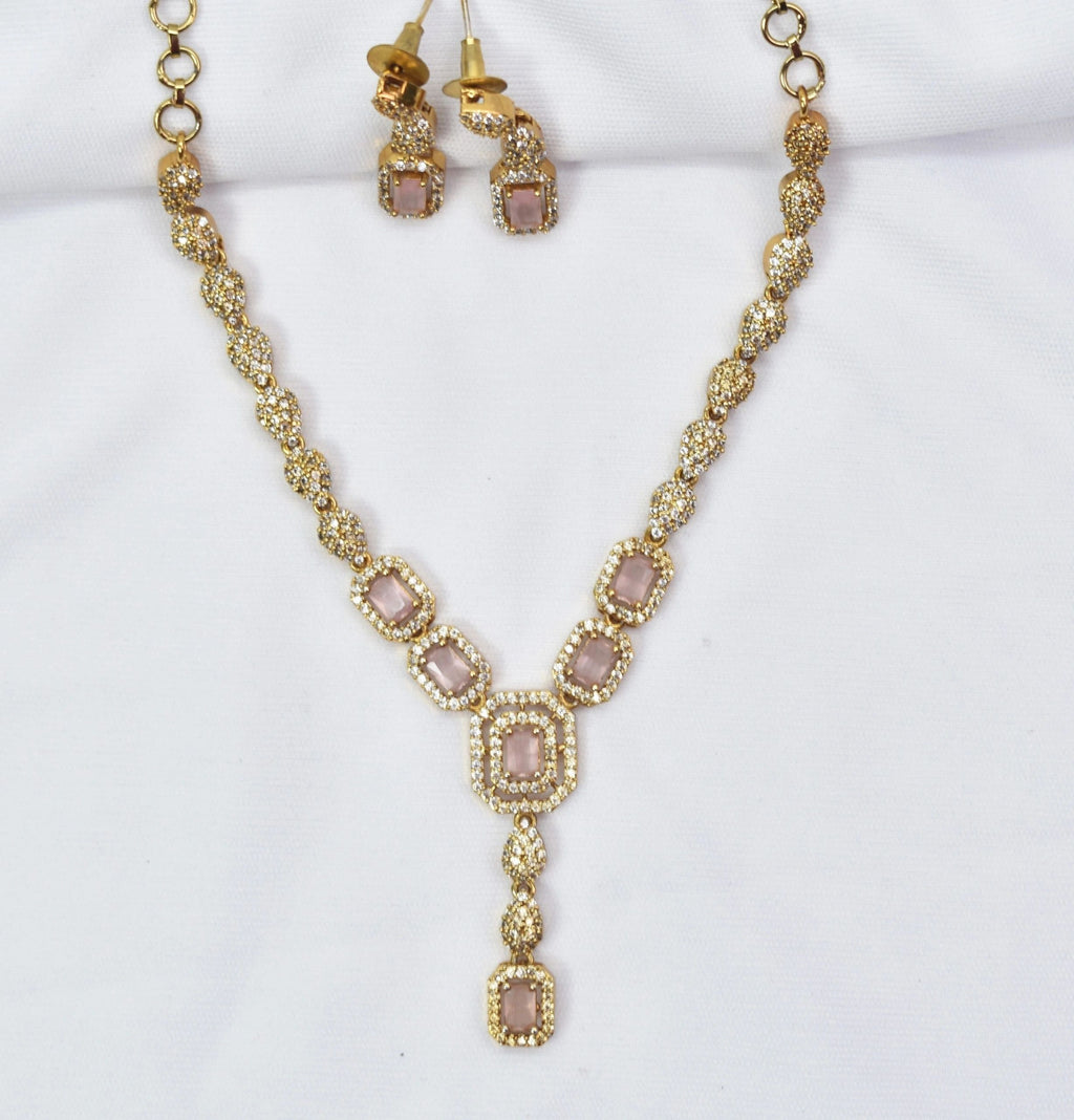 Pink Zirconia AD stones necklace with earrings