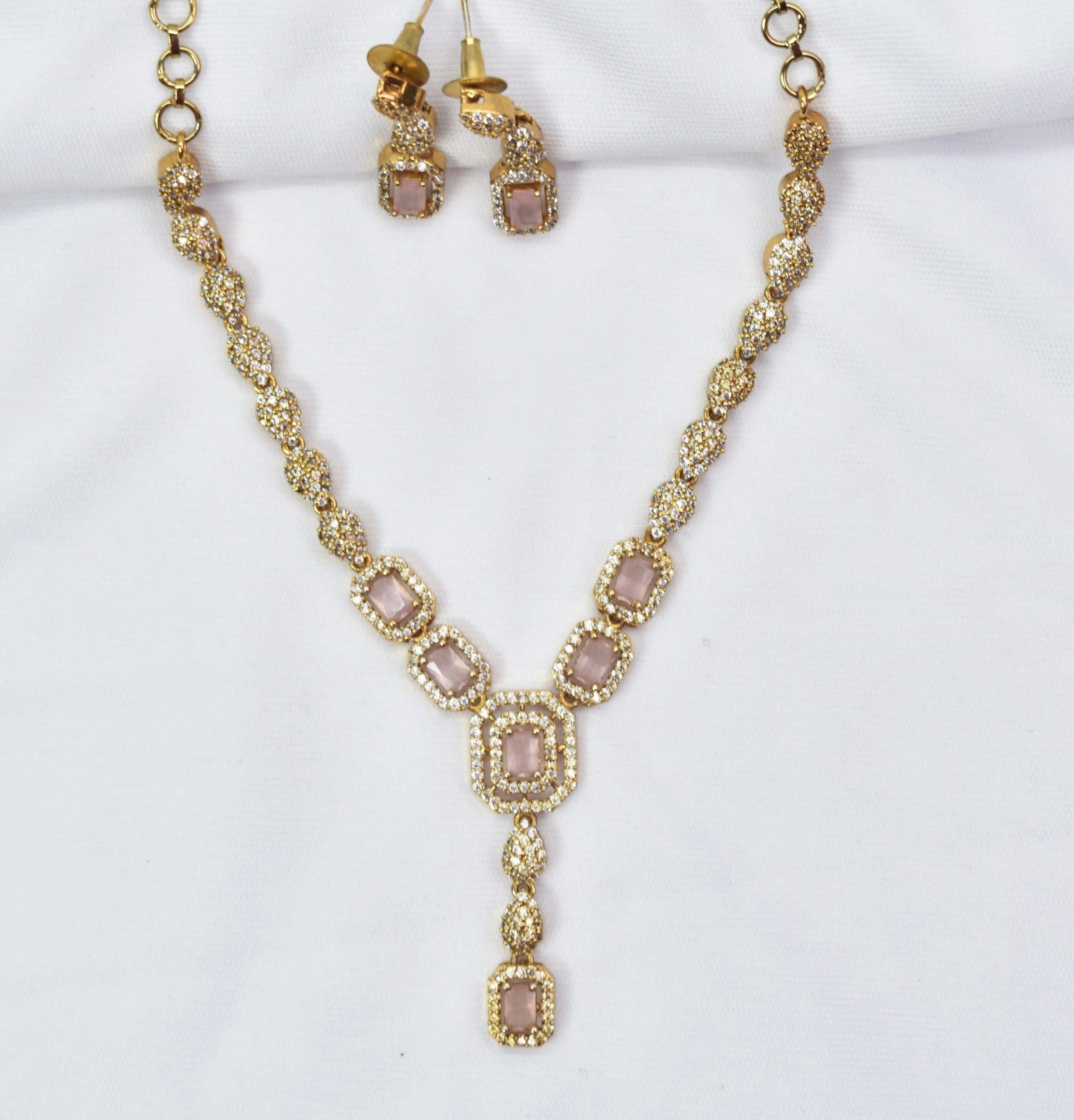 Pink Zirconia AD stones necklace with earrings