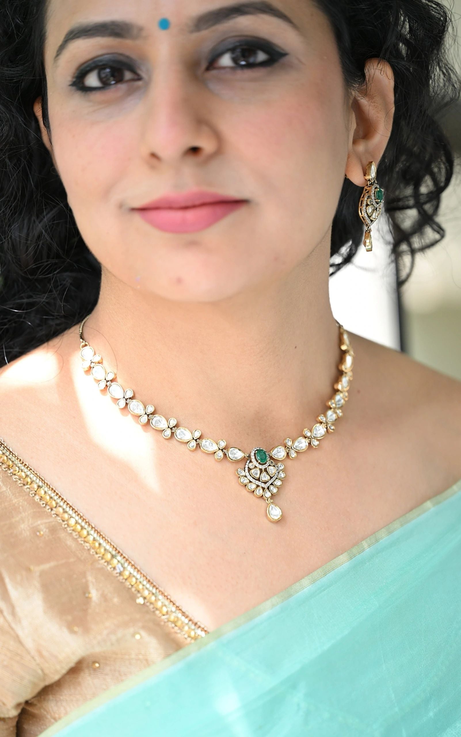 Premium AD green stone necklace with earrings