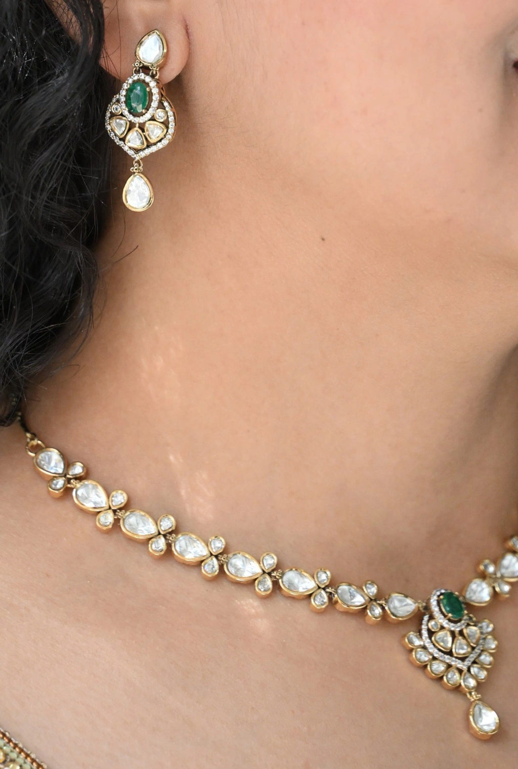 Premium AD green stone necklace with earrings