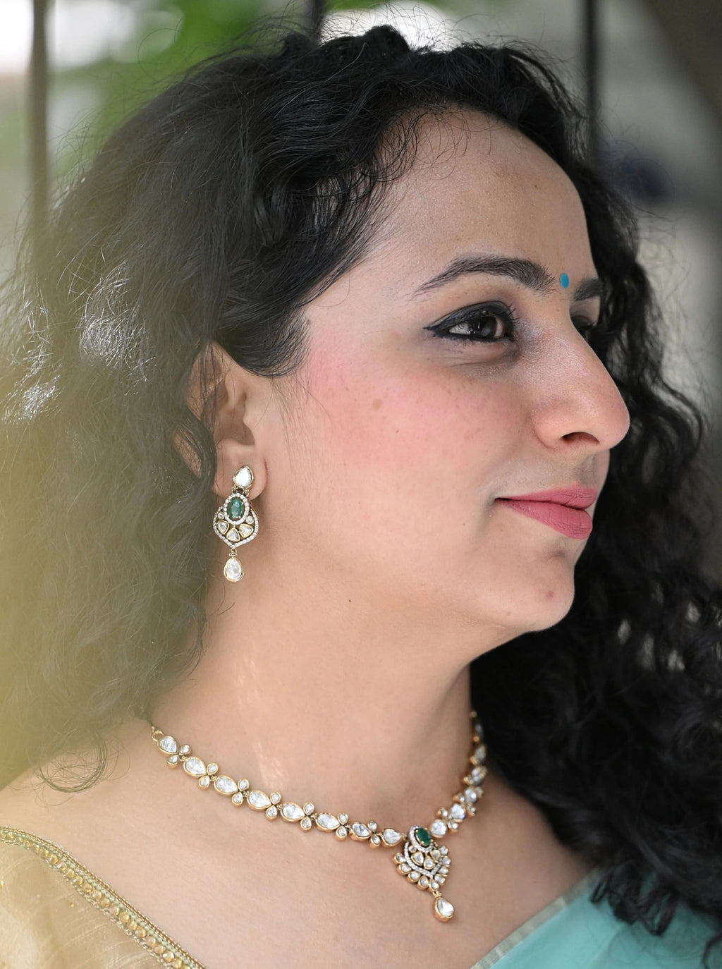 Premium AD green stone necklace with earrings
