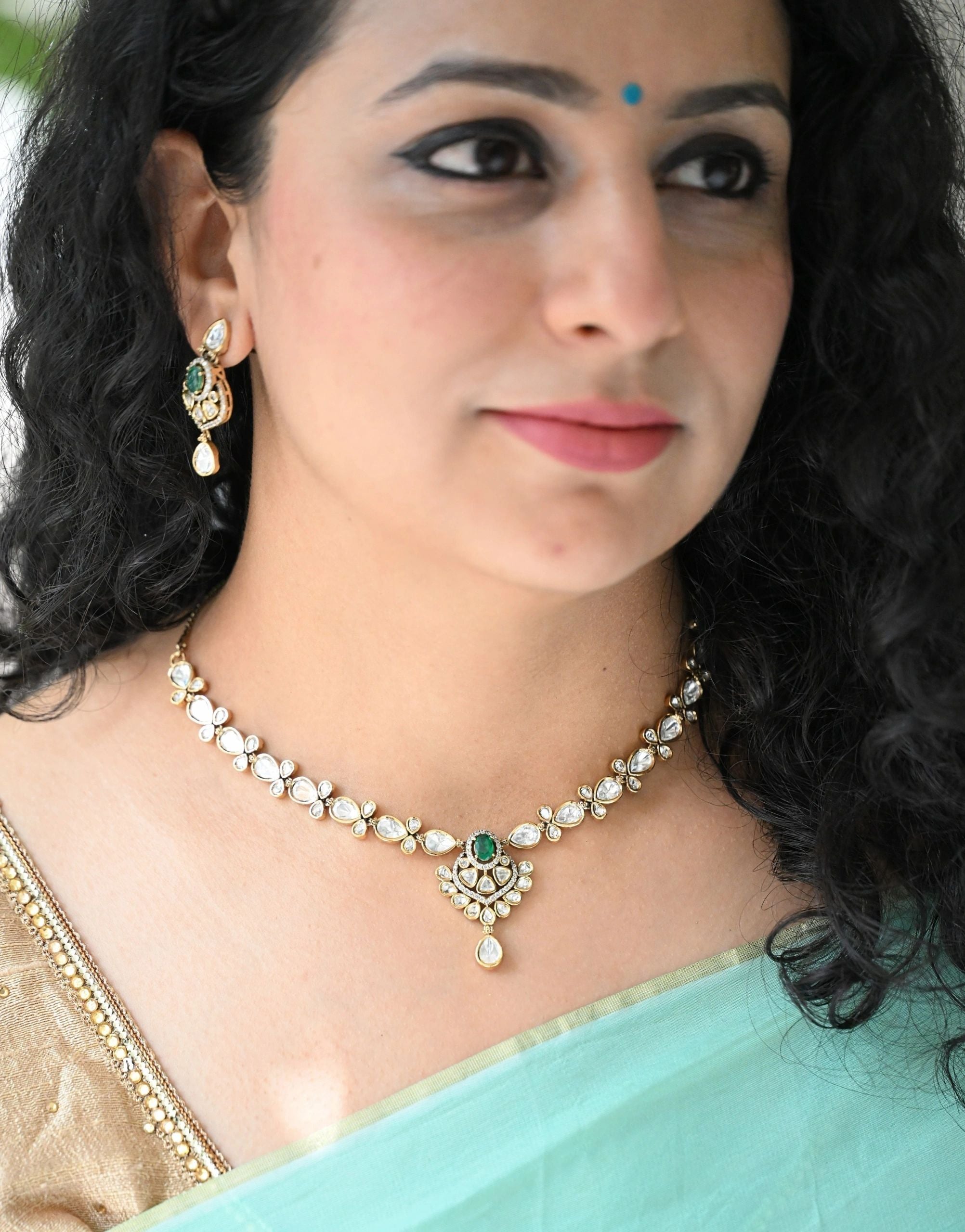 Premium AD green stone necklace with earrings