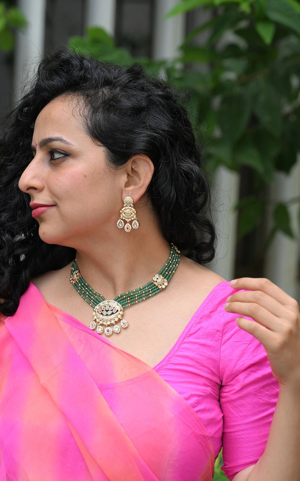 Bati beads and Authentic meenakari kundan necklace set (green)