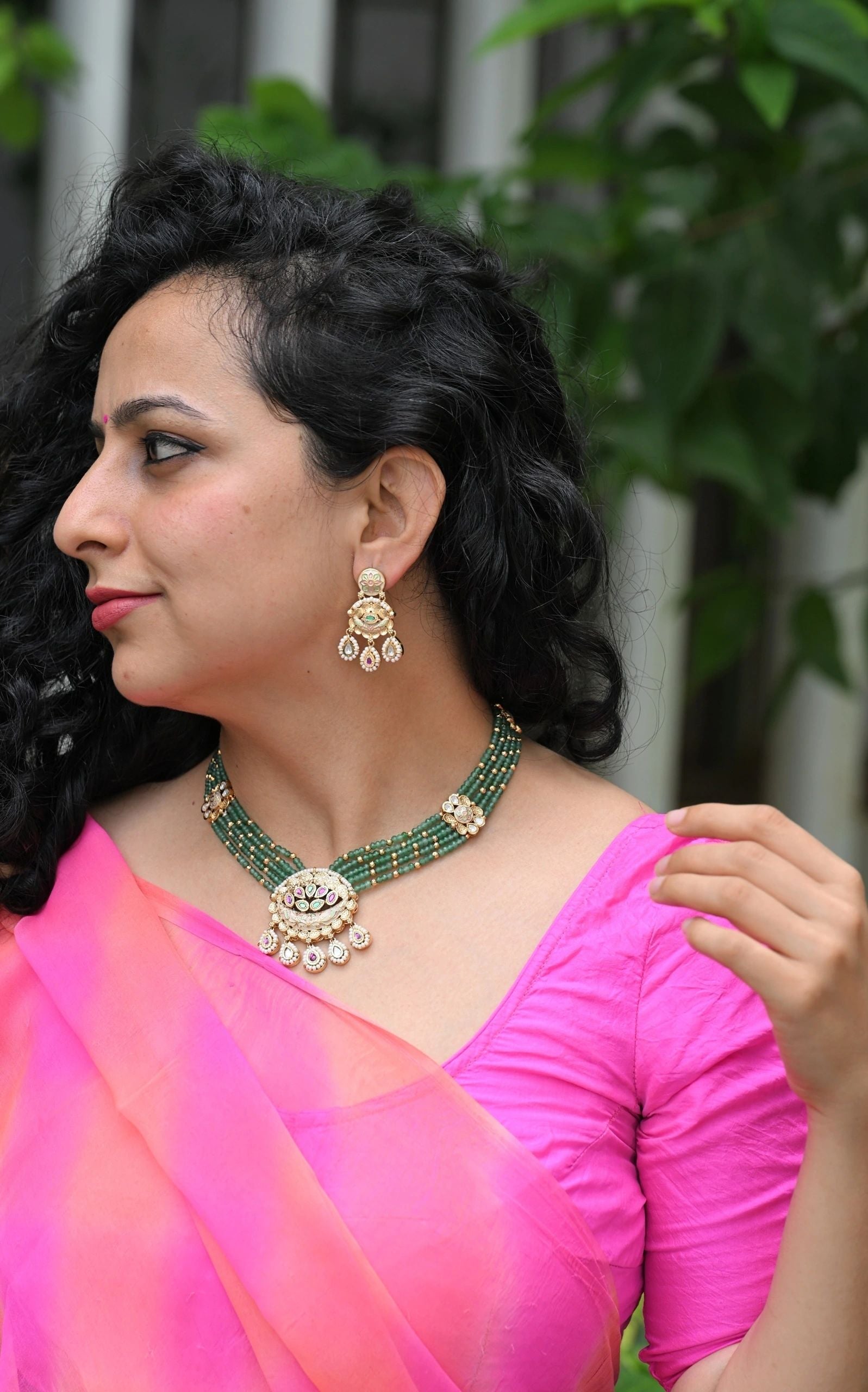 Bati beads and Authentic meenakari kundan necklace set (green)
