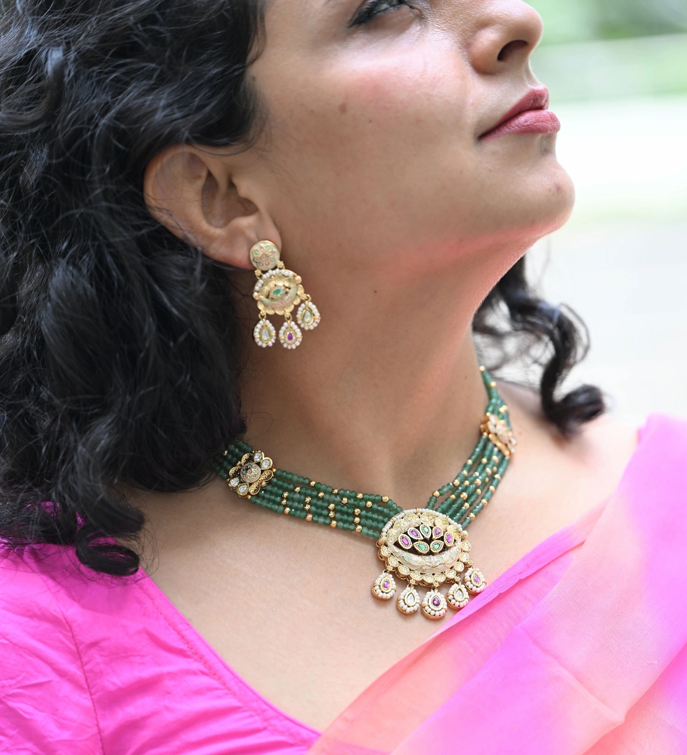 Bati beads and Authentic meenakari kundan necklace set (green)