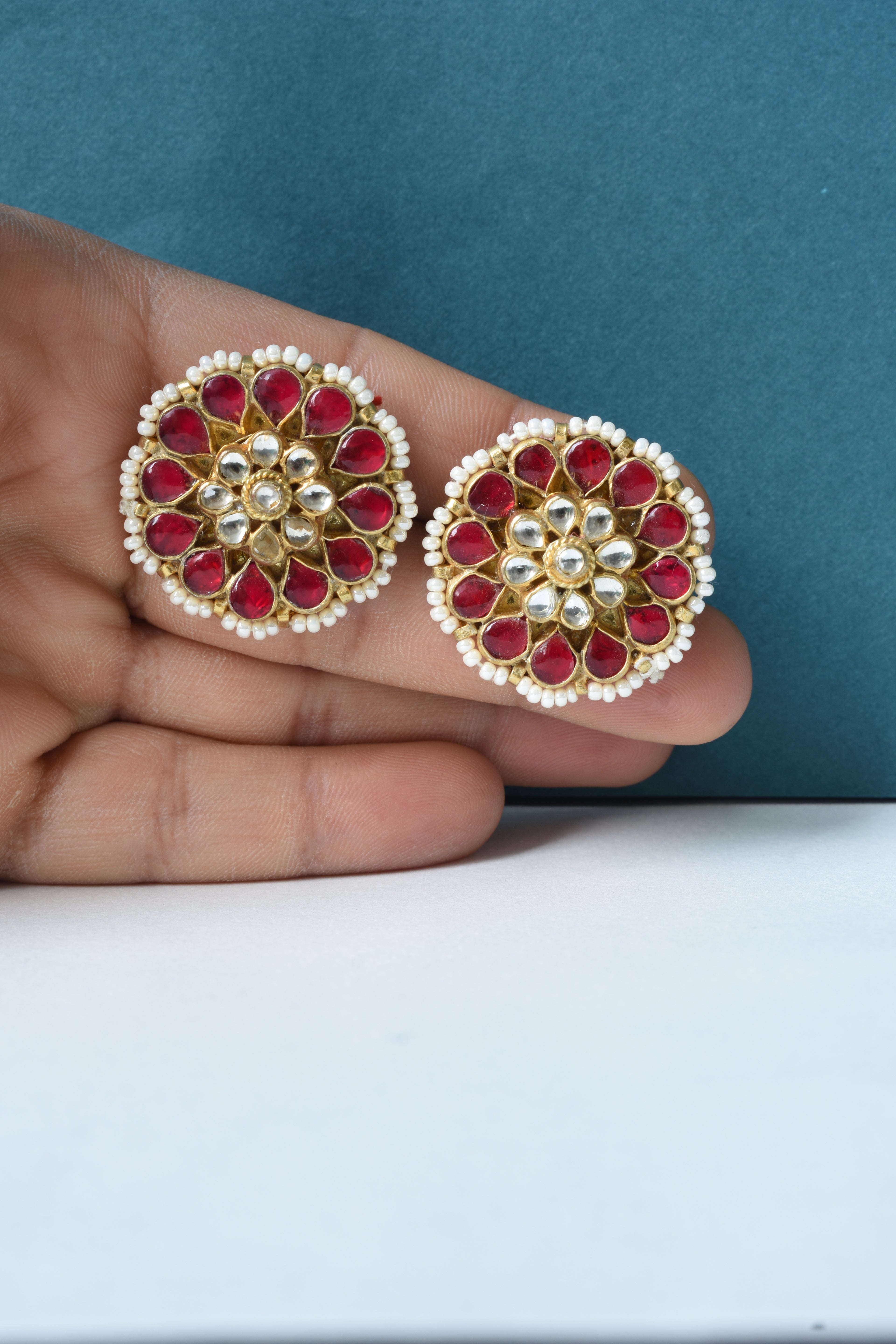 Classic Red Kundan-Style Stud Earrings