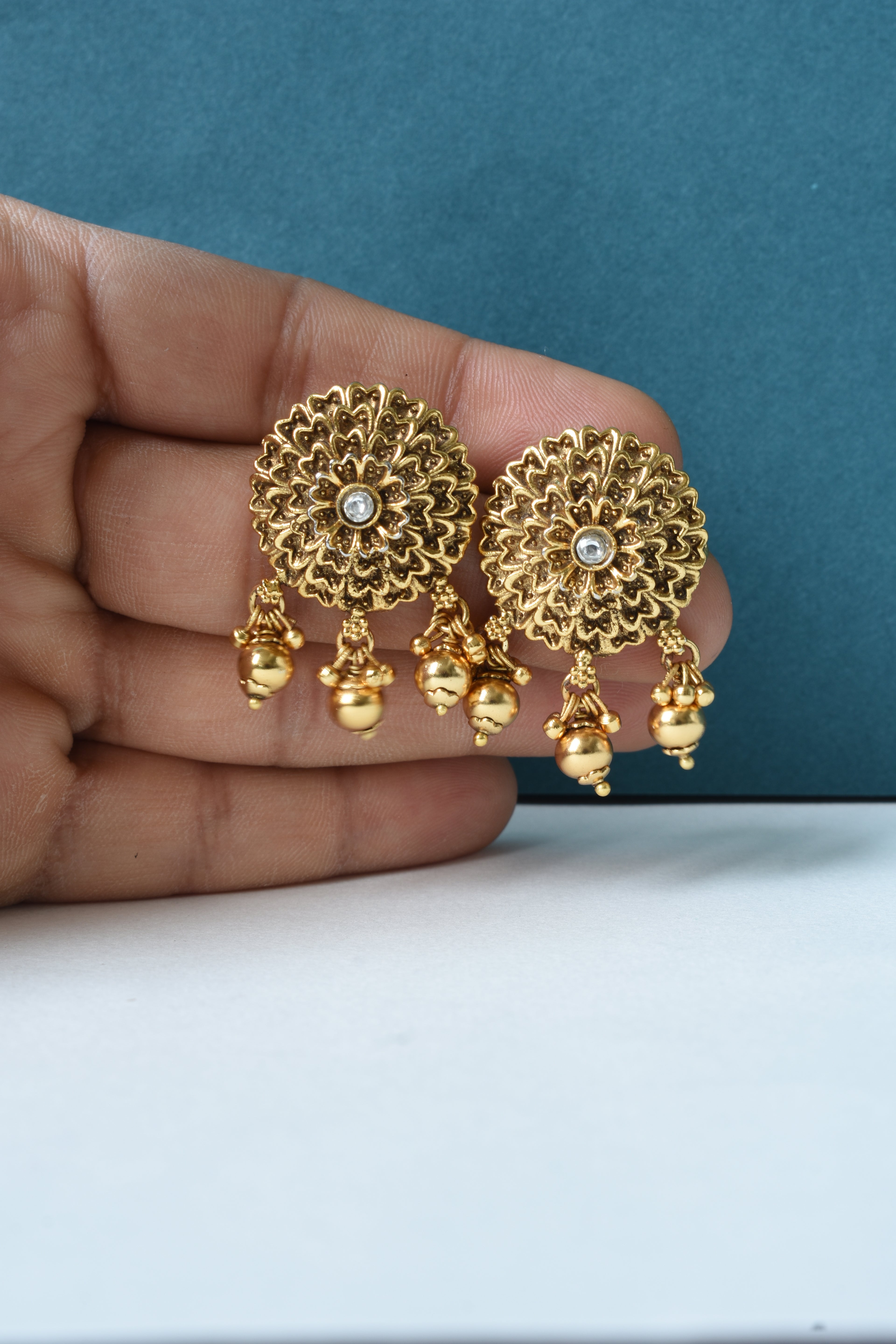 Antique Gold Floral Studs with Dangling Beads
