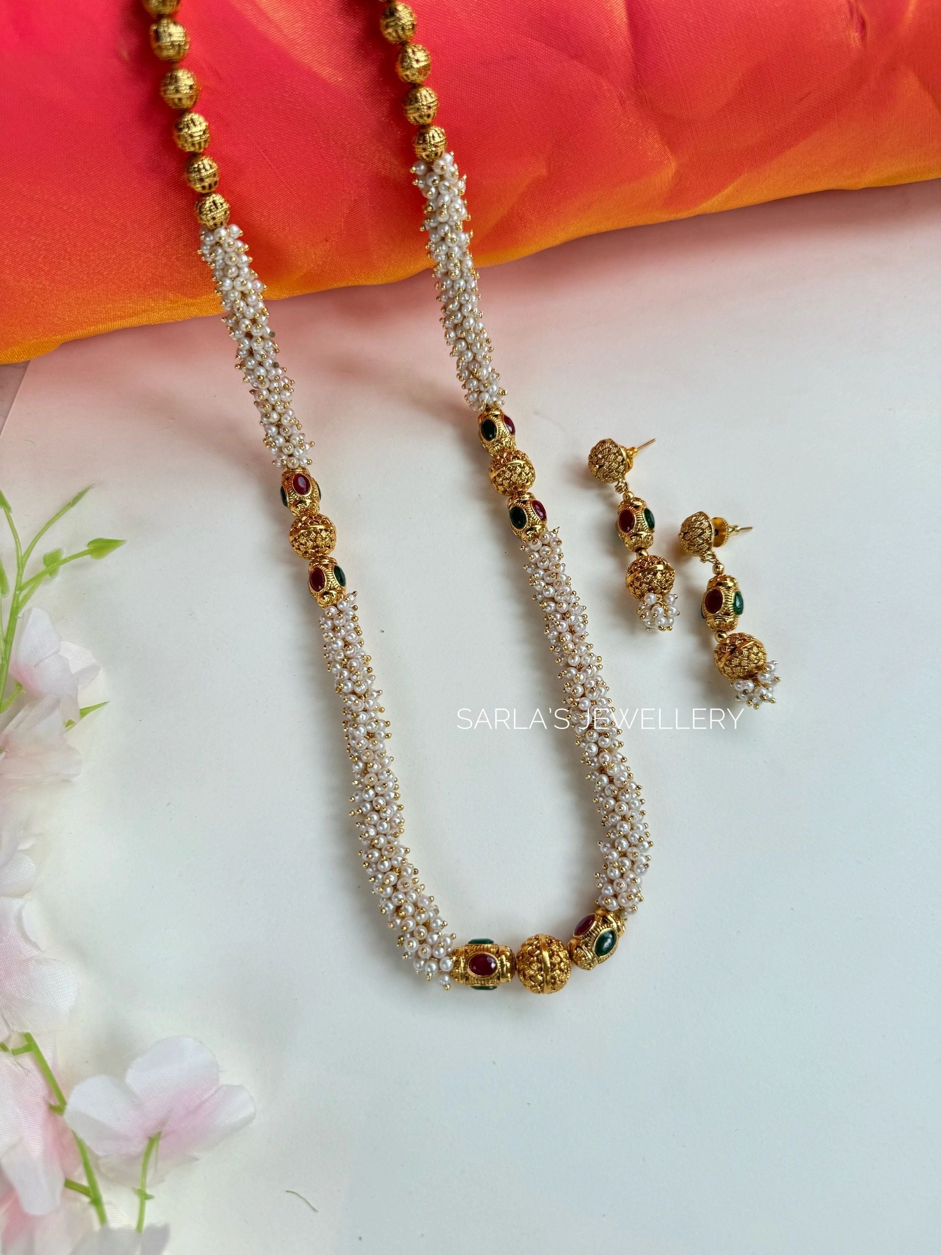 Pearl Gajra long necklace with earrings