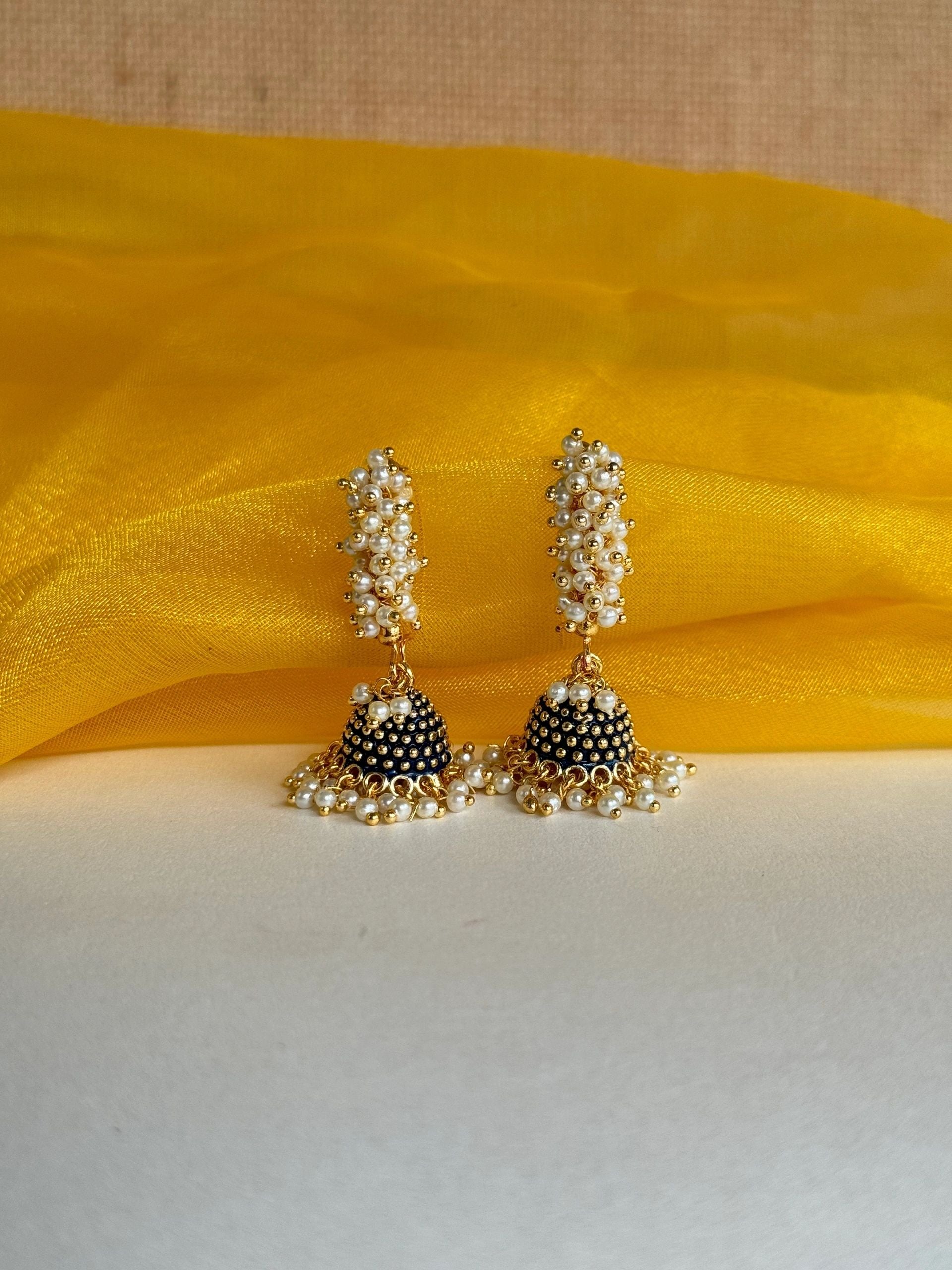 Light weight pearl jhumkas dark blue bottom