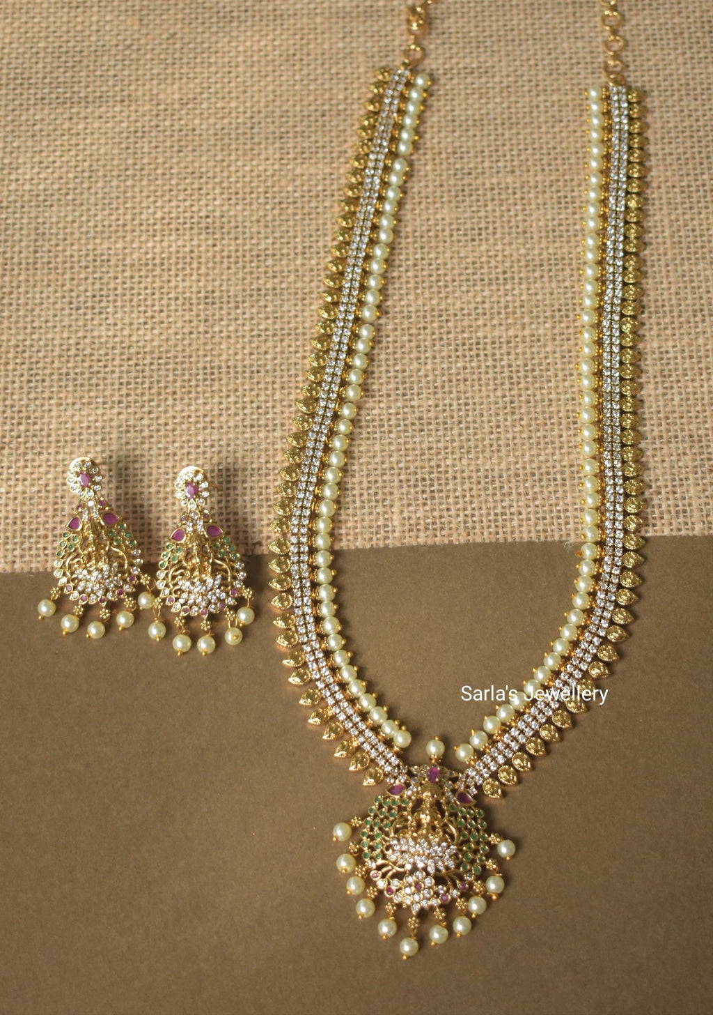 Gold Plated long Laxmi Necklace with earrings