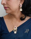 Mop Kundan with semi precious Ruby color Stone necklace set