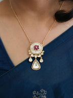 Mop Kundan with semi precious Ruby color Stone necklace set