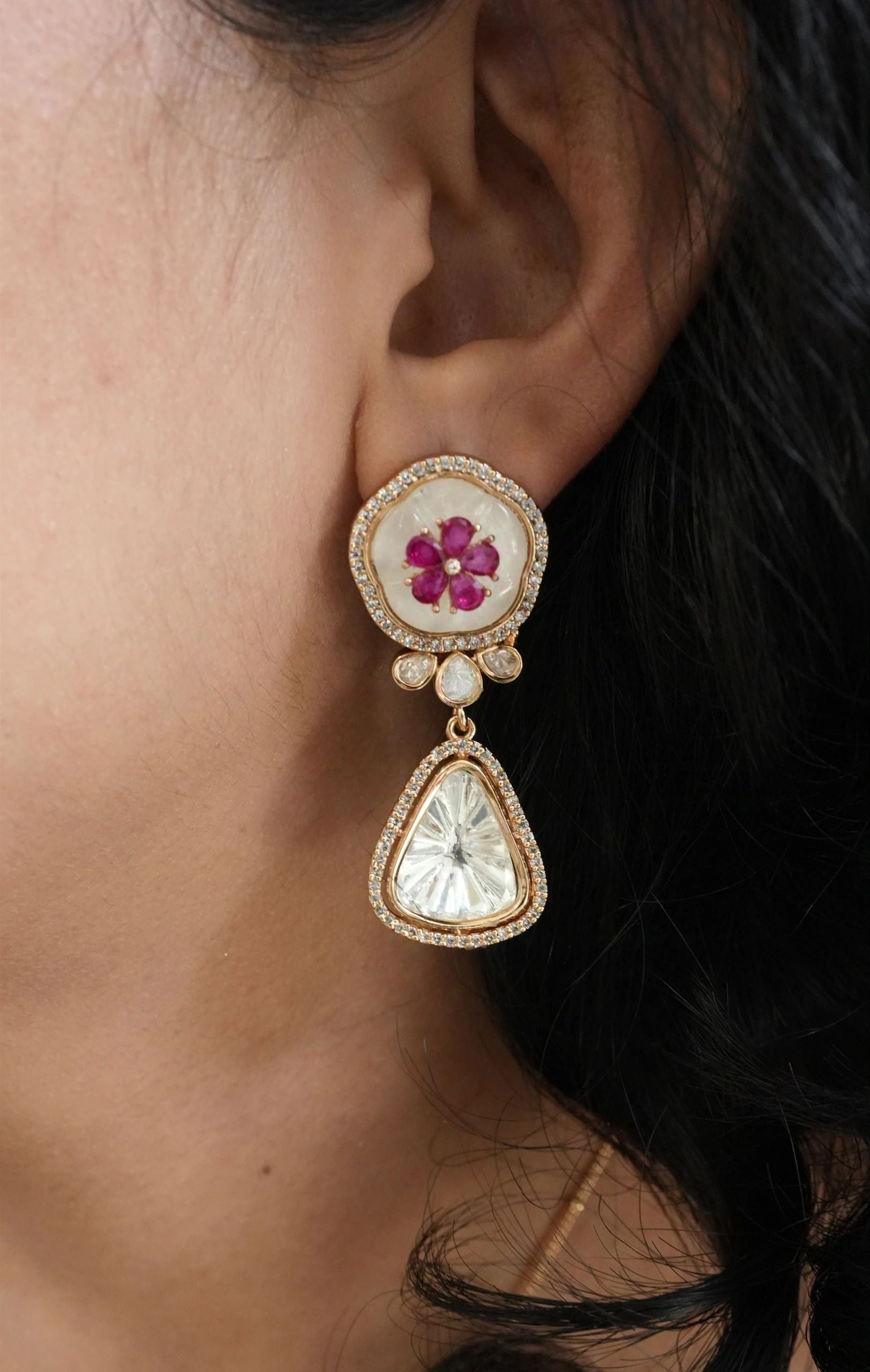 Mop Kundan with semi precious Ruby color Stone necklace set