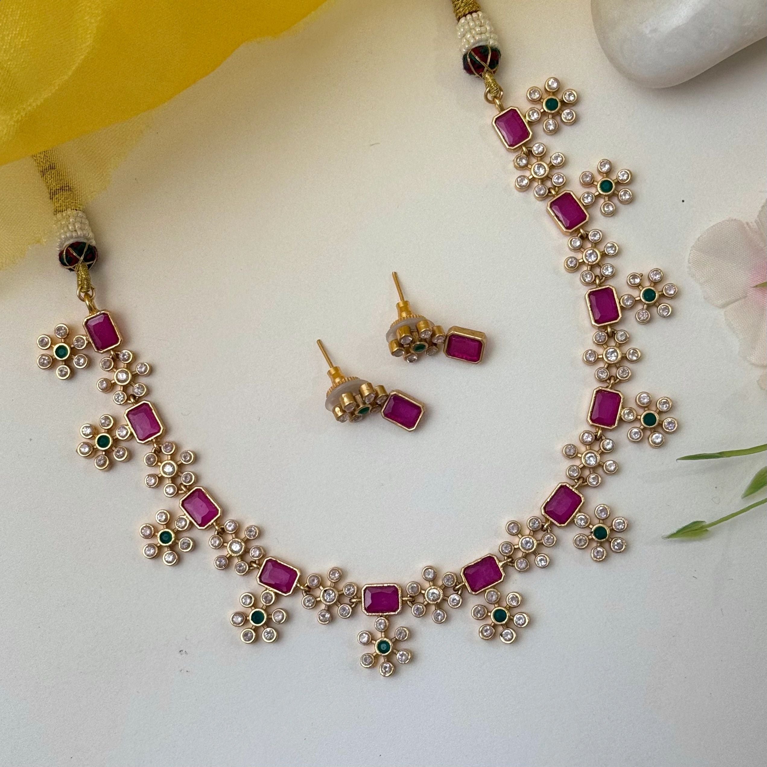 Floral ruby stone necklace with earrings
