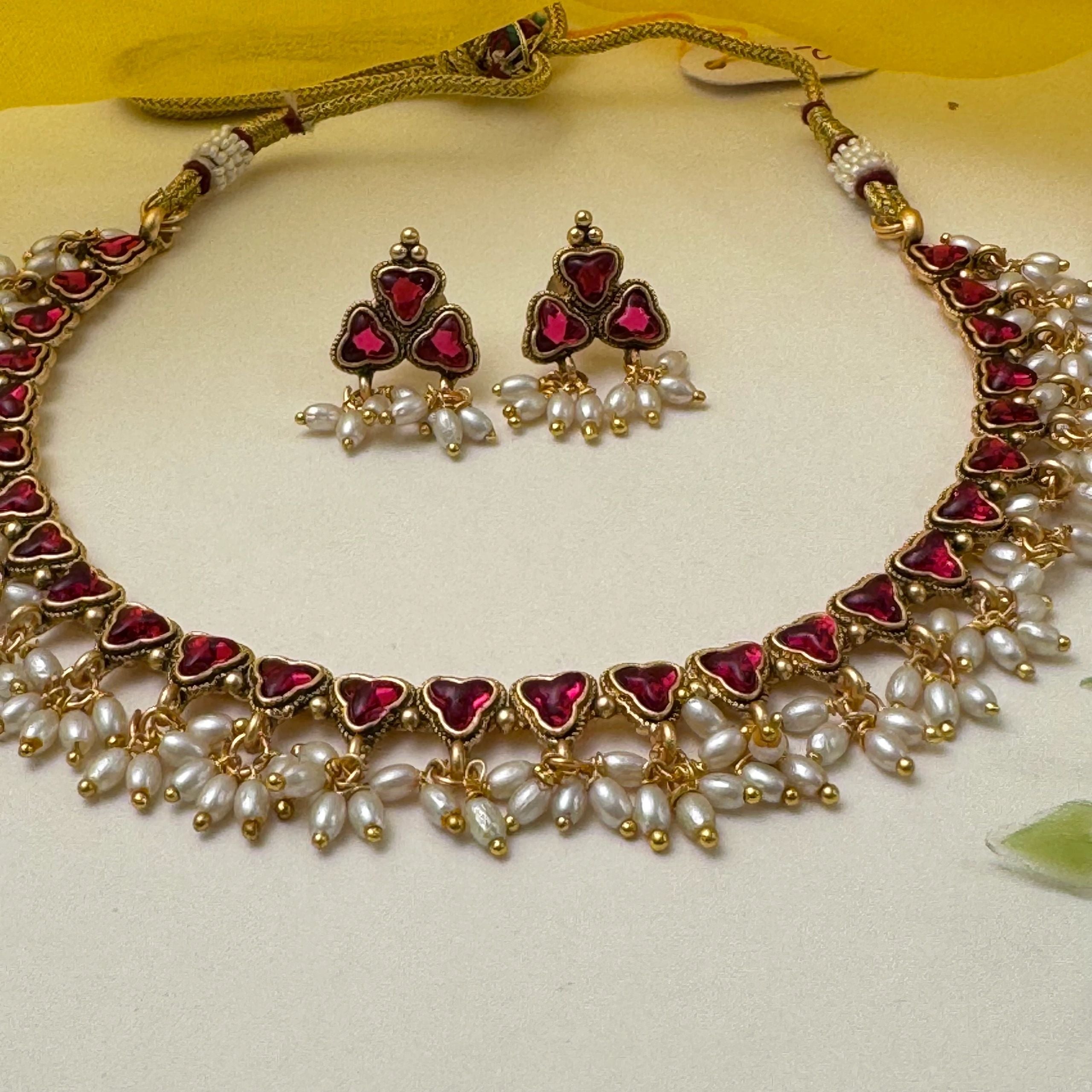 Ruby Stone Short Necklace with pearl danglings