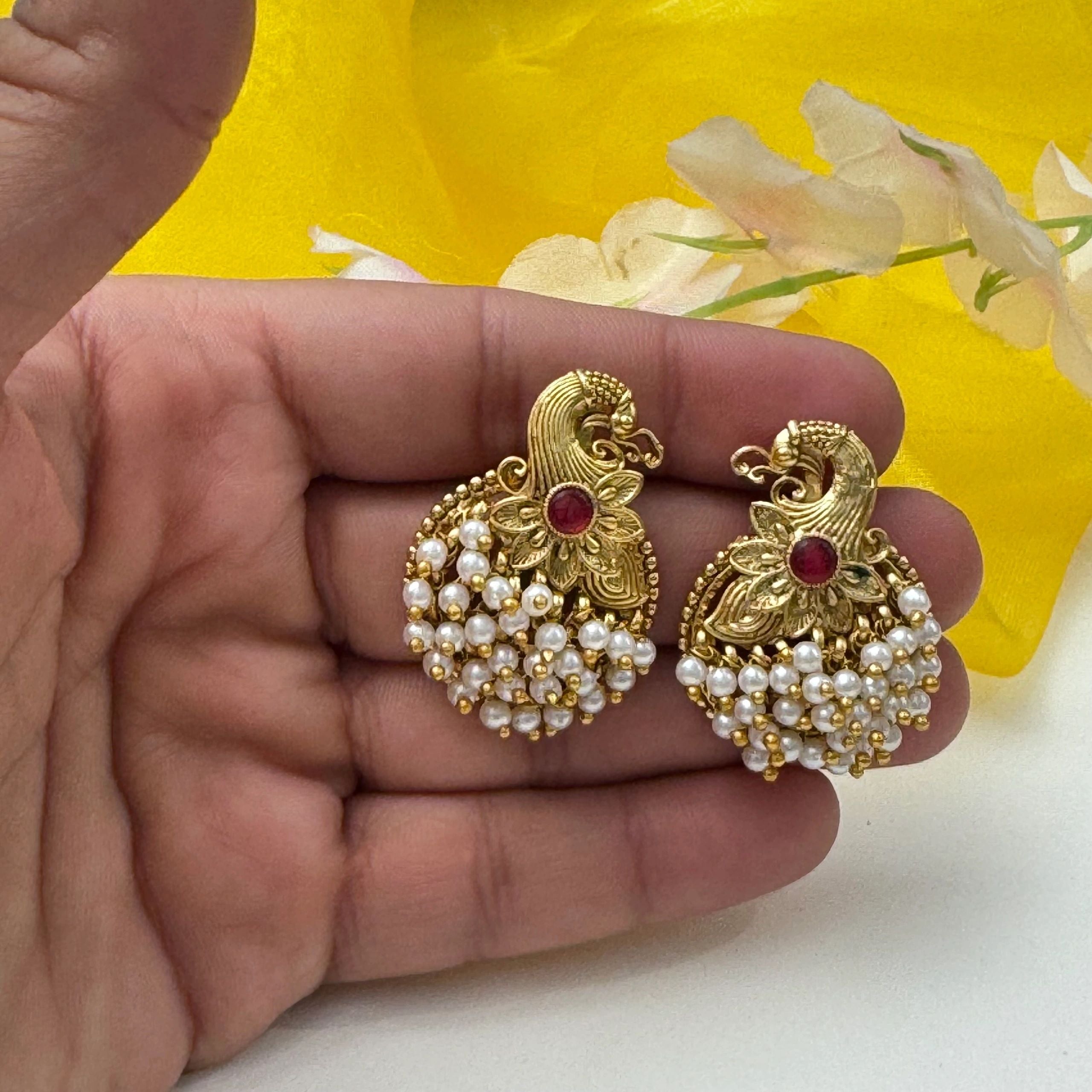 Peacock Pearl Earrings Ruby