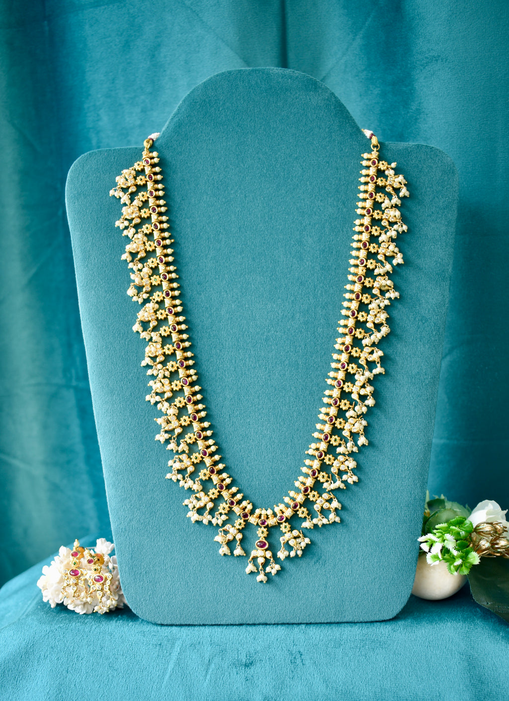 Long Pearl necklace set with earrings (Pink)