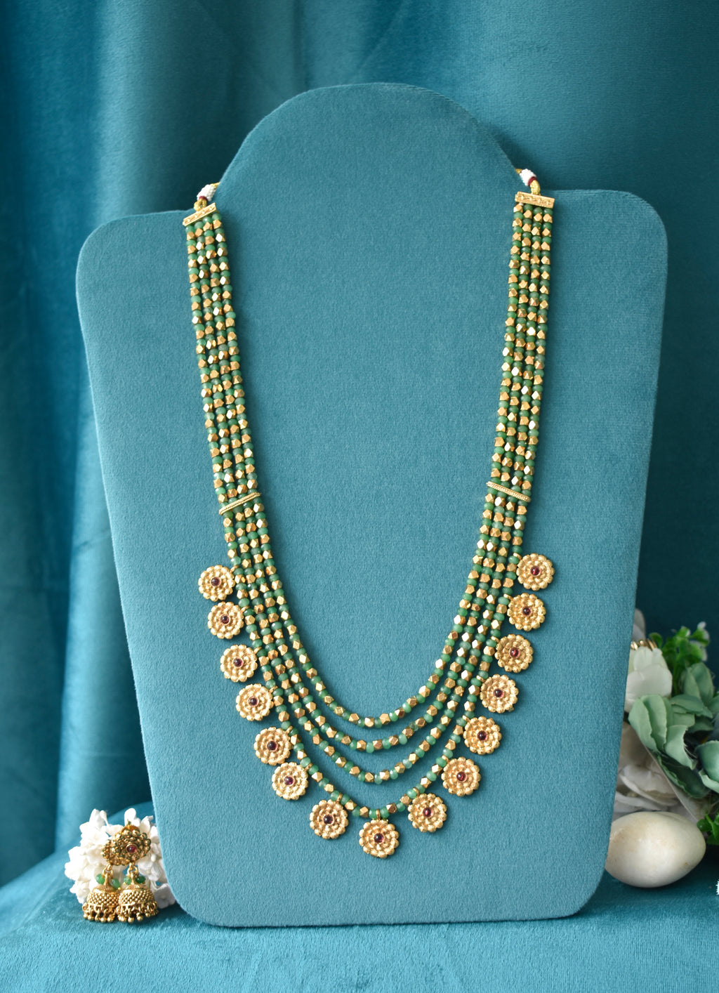 Long Multilayer Green Bati Stone Necklace