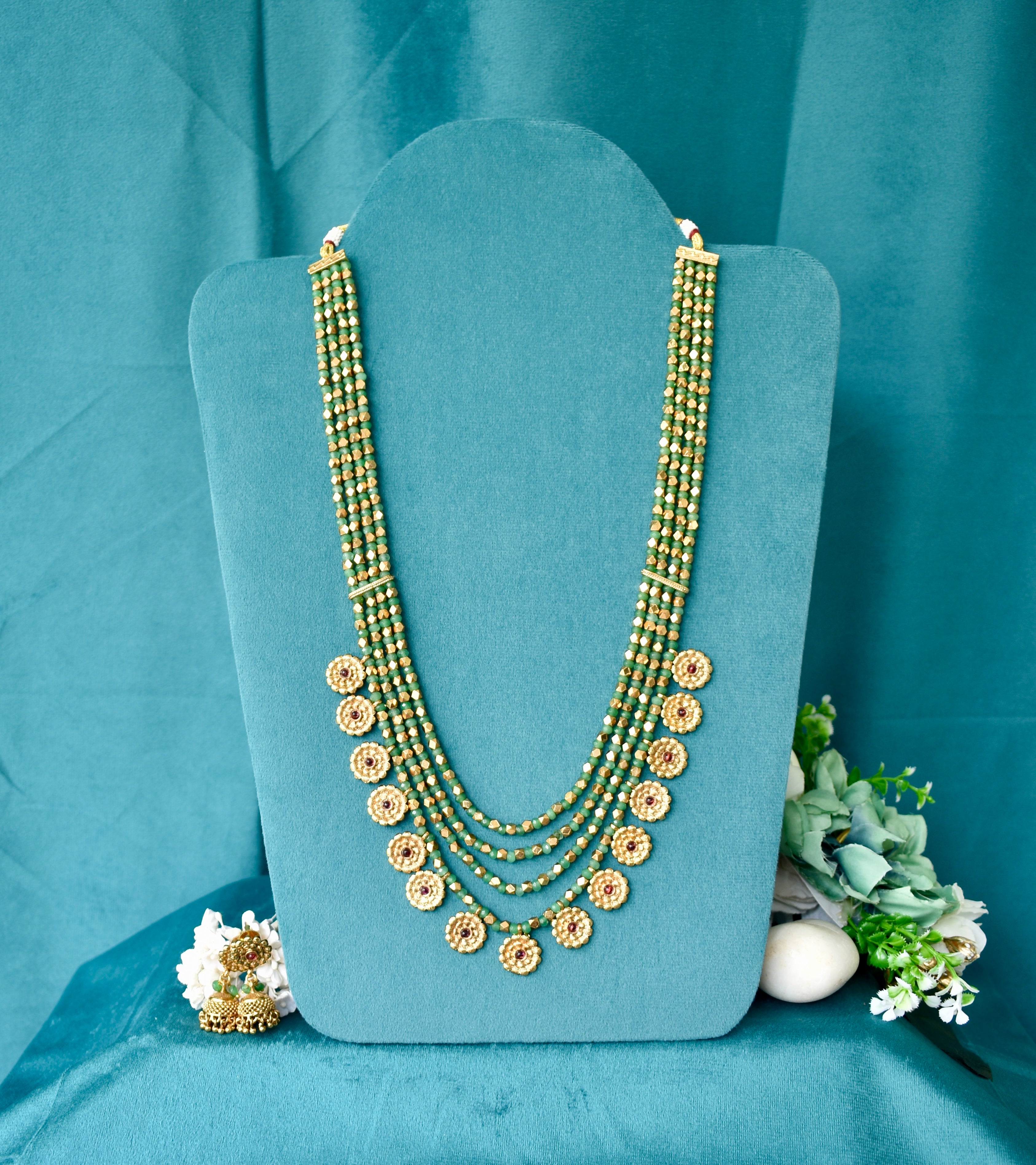 Long Multilayer Green Bati Stone Necklace