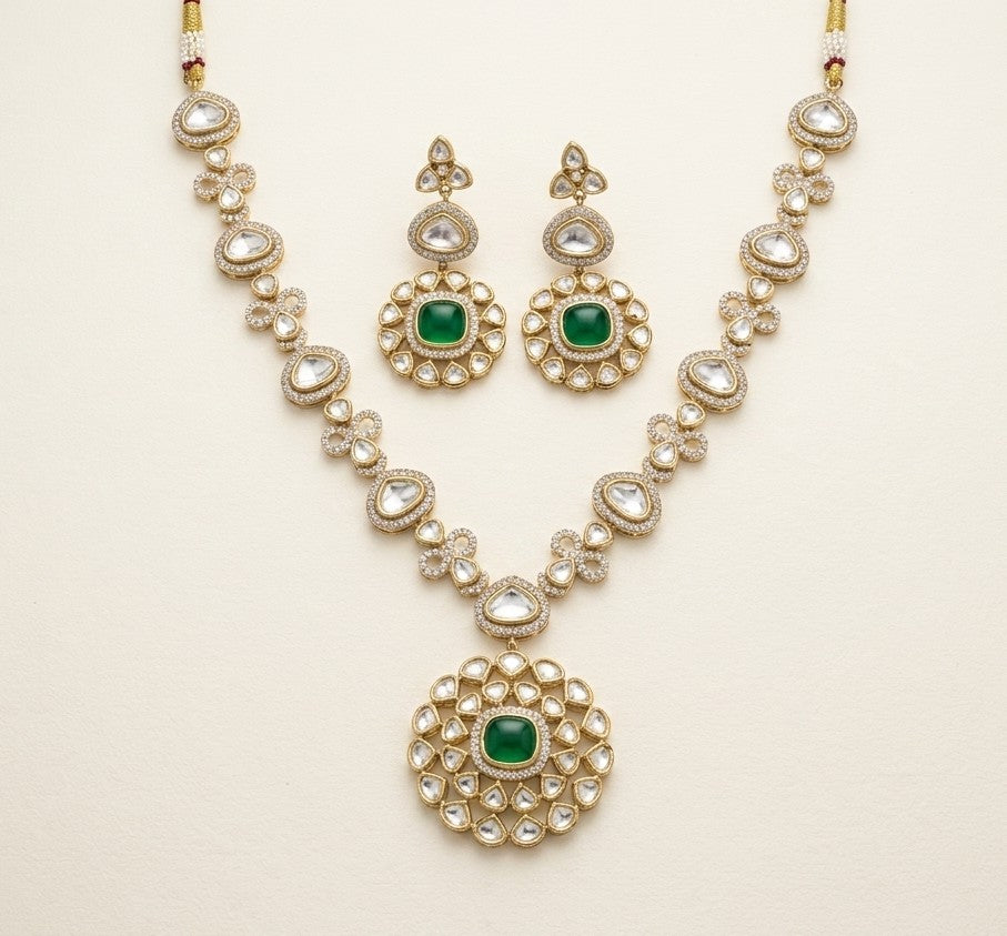 Kundan necklace green centre stone